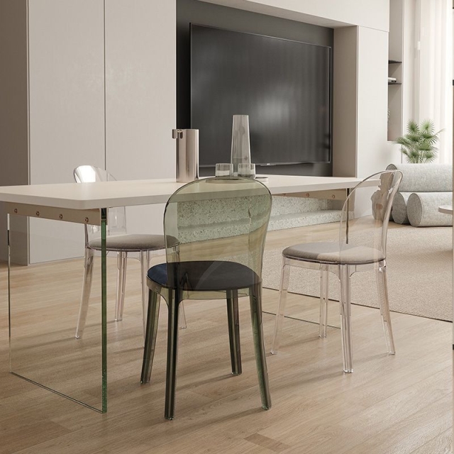 Ghế nhựa trong có nệm vải xám sang trọng, phong cách hiện đại TM296S