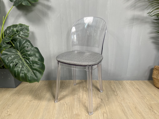 Ghế nhựa trong có nệm vải xám sang trọng, phong cách hiện đại TM296S