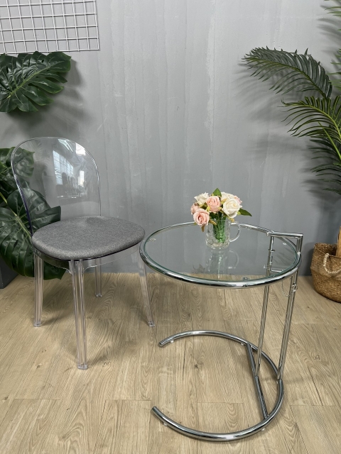 Ghế nhựa trong có nệm vải xám sang trọng, phong cách hiện đại TM296S